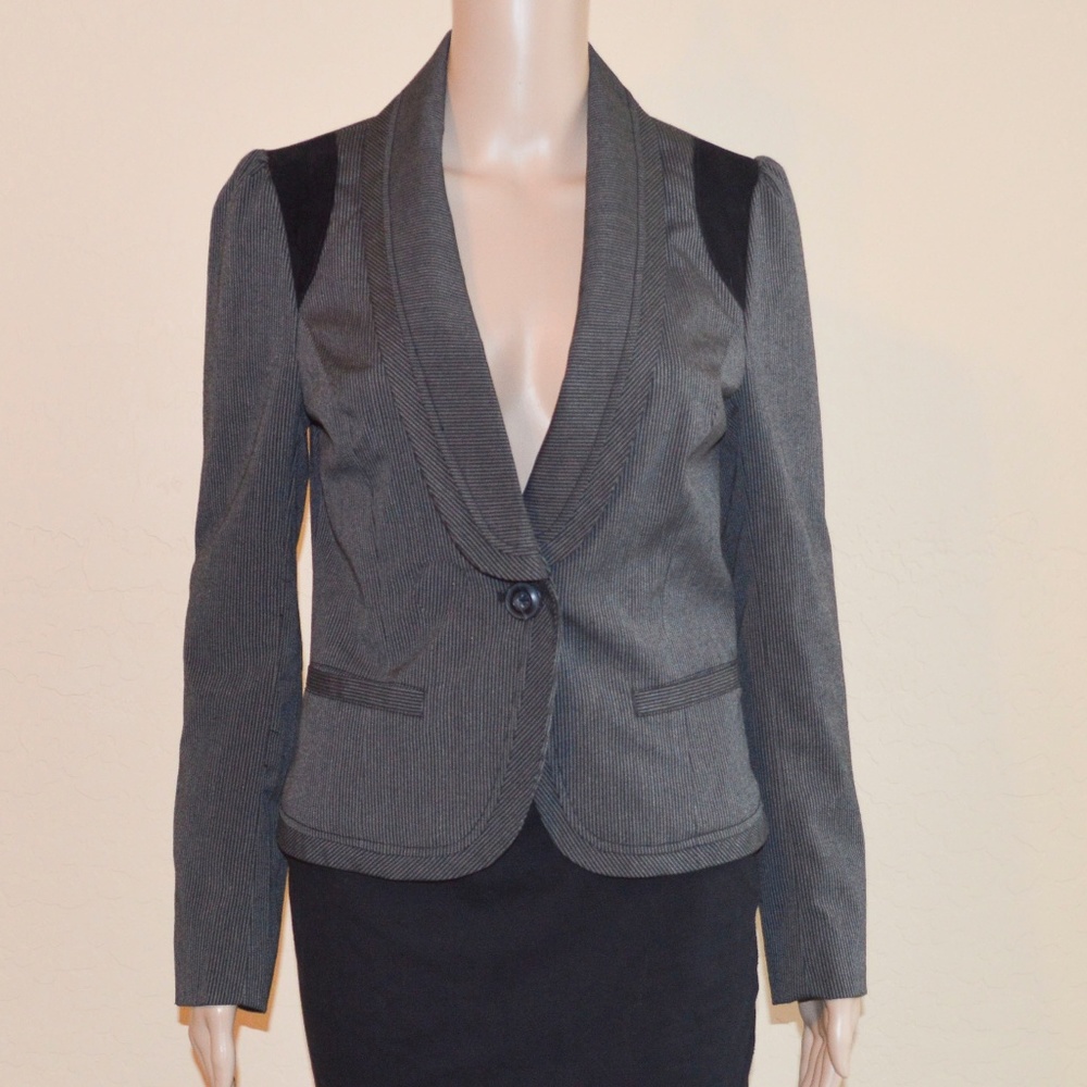 SASHIMI Gray Striped 1 Button Black Elbow Patch Blazer Size Small